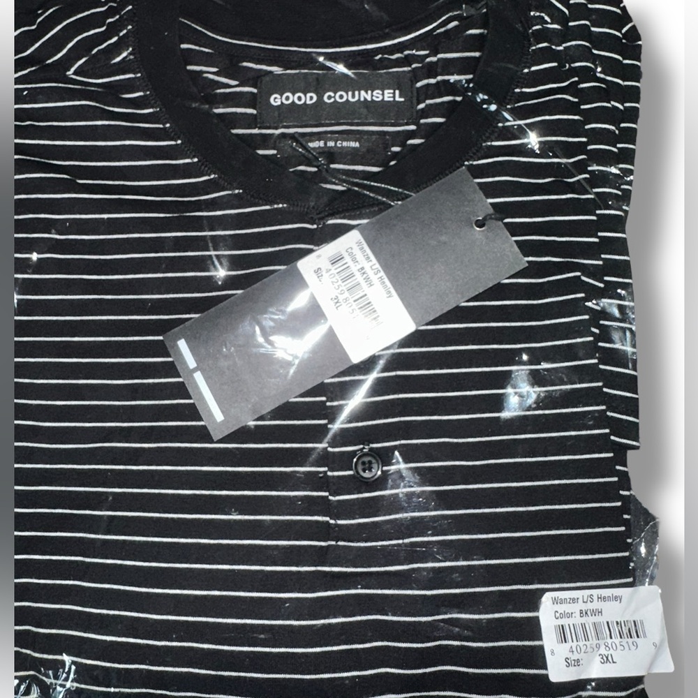 Good Counsel Black White Striped Men's Henley Long sleeve Shirt 3X or 5X NWT - Picture 4 of 6
